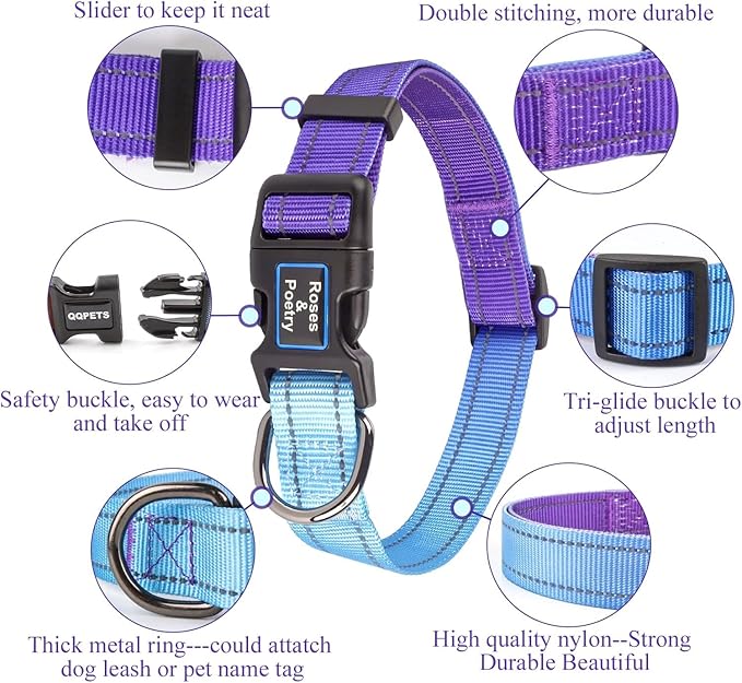Roses&Poetry Reflective Dog Collar with Gradient Violet, Adjustable Durable Pet Collars for Small Medium Large Dogs (Violet-XS)