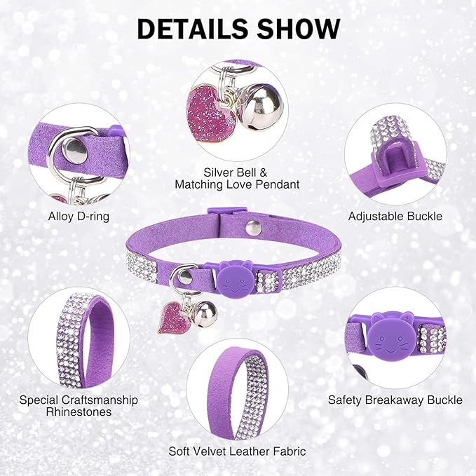 Rhinestone Cat Collar Breakaway with Bell, Diamond Cat Collar with Safety Buckle Quick Release for Girl Boy Small Kitten Pets Puppy,Cute Soft Female Male Cat Collars, Color Purple 8-12"