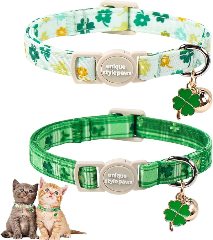 Unique Style Paws Saint Patrick Cat Collar,Shamrock Cat Collars,Green Kitten Collar Breakaway Buckle,Adjustable St. Patrick Day Puppy Collar,Ideal Gift for Boy Girl Cats