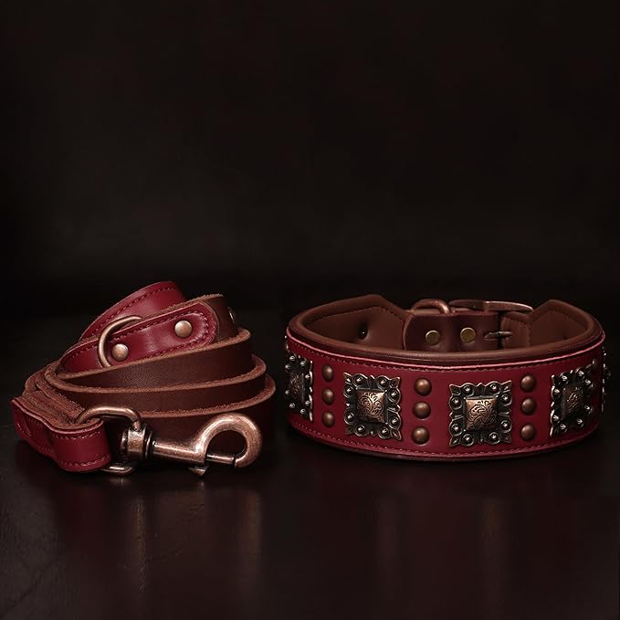 PET ARTIST Soft Padded Leather Dog Collar, 2 inch Wide Genuine Leather Dog Collars with Stylish Studded Rivet & Metal Buckle, Luxury & Adjustable Pet Collars for Medium Dogs,Red,Neck 16-19"