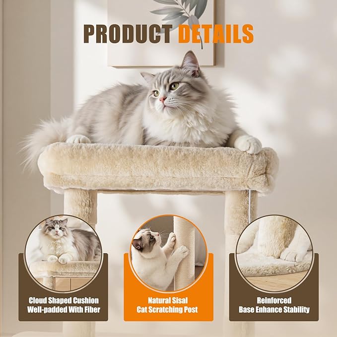 Large Cat Tree 63 Inch, Multi-Level Tall Cat Tree Tower with Condo, Perch, Sisal Scratching Posts Board and Hammock, Pet Play House with Dangling Balls for Indoor Cats, Beige