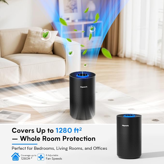Upgraded Air Purifiers for Bedroom & Home with H14 True HEPA Filter, Covers Up to 1280ft², 360° Air Intake, Quiet Pet Air Purifier, Fragrance & Timer,Removes Smoke, Pet Dander & Pollen,Black