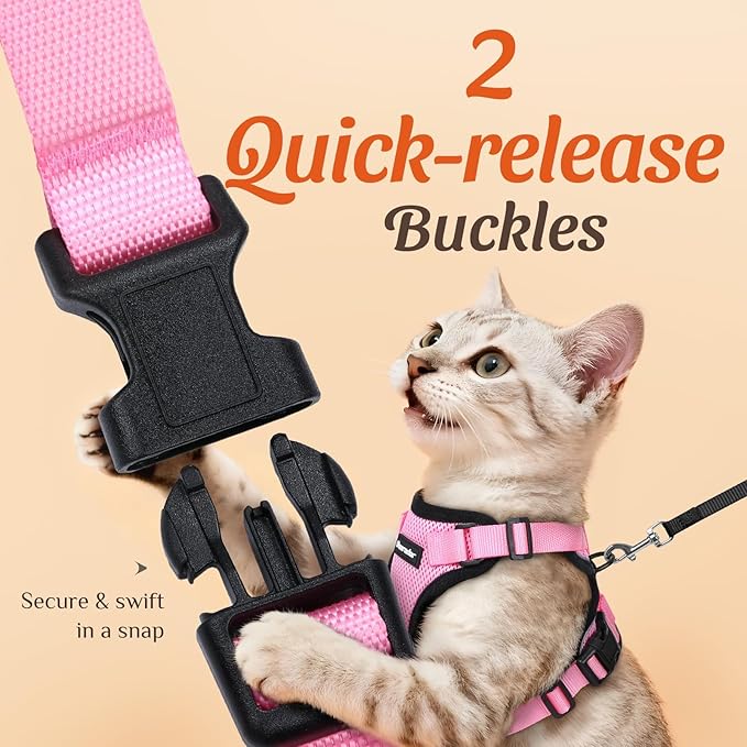 Dooradar Cat Harness and Leash Set, Escape Proof Safe Adjustable Kitten Vest Harnesses for Walking, Easy Control Soft Breathable Mesh Jacket with Reflective Strips for Cats, Pink, S