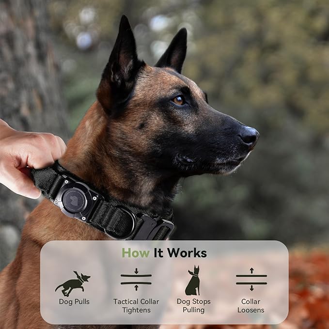 2025 Upgrade Waterproof AirTag Dog Collar, Military Tactical Dog Collar with AirTag Holder, Comfortable Control Handle and Metal Buckle, GPS Dog Collar Holder for Medium to Large Dogs (Black, XL)
