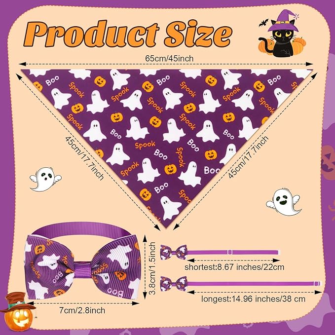 Sanwuta 50 Pcs Halloween Dog Bandanas and Collar Bow Ties Set 25 Bandanas Bulk 25 Charm Dog Collar Pet Pumpkin Triangle Pet Scarf Bowtie for Small Medium Large