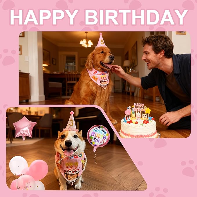 Dog & Cat Birthday Party Decorations Set Include Bandana, Adjustable Hat, Balloons, Happy Birthday Banner for Male and Female. Available for Small & Medium & Large Breeds (Pink)
