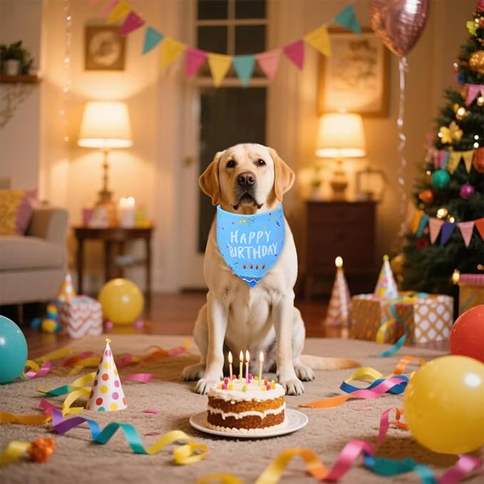 Dog Birthday Bandana Boy for Medium Large Dogs, Reversible 2 Patterns in 1, Blue Confetti Scarf, Happy Birthday Party Outfit Puppy Gift (14-18" Neck)