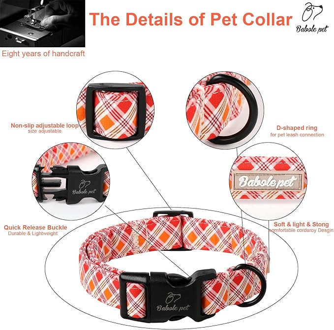 Fall Dog Collar, Fall Orange and Red Plaid Puppy Collar, Adjustable Cotton Holiday Tanksgiving Dog Collars for Small Medium Large Boy&Girl Dogs XL