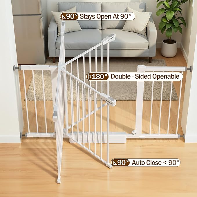 Mumeasy 29.7–51 Inch Extra Wide Baby Gate for Stairs, Extra Long Indoor Dog Gate for Doorways, Pressure Mounted Walk Thru Child Gate with Auto-Close, No-Drill Safety Pet Gate with Door for House,White