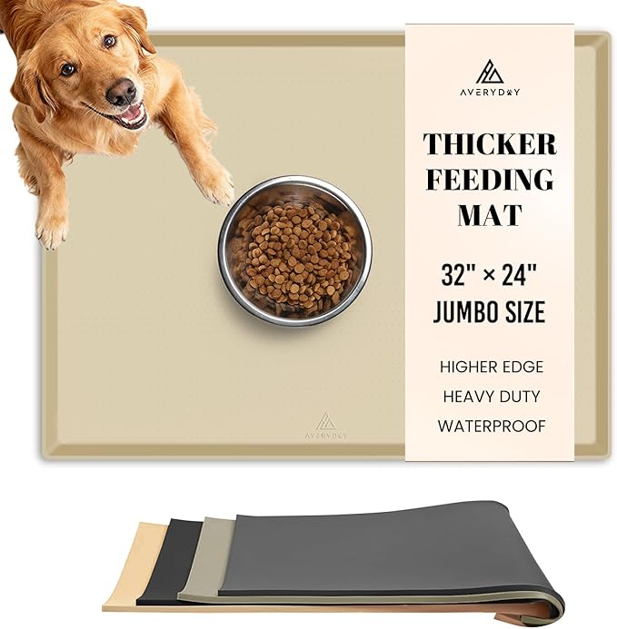 AVERYDAY 100% Waterproof Thicker Silicone Dog Food Mat, 0.63'' Raised Edge Bowl Mat for Food & Water, Non Slip Pet Feeding Placemat for Messy Drinkers, Perfect for Large Medium Small Breeds, 32"x24"
