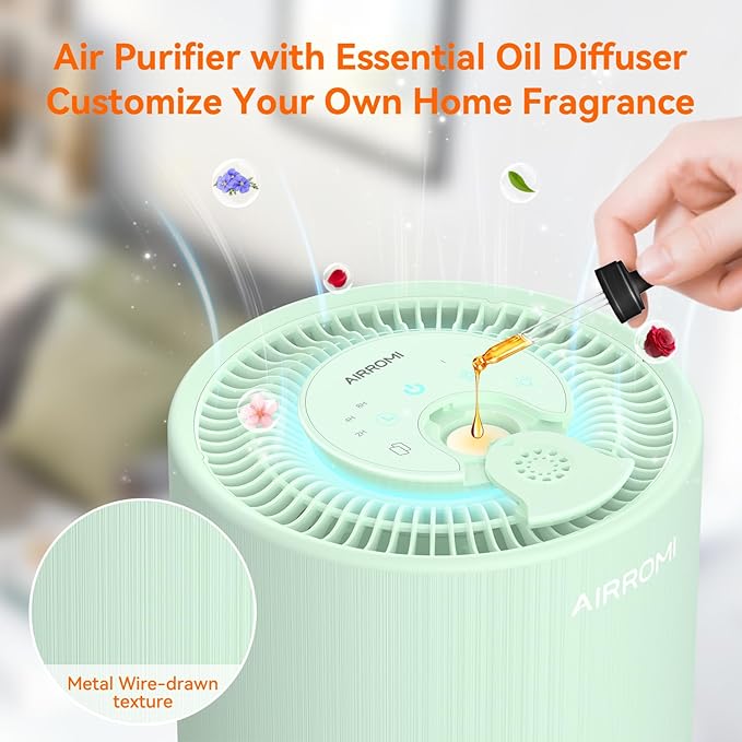 AIRROMI Air Purifier for Bedroom with HEPA 3-in-1 Filter, Pet Air Purifier for Home Cat Pee Smell, Covers Upto 990 Ft², Quiet 360°intake Air Cleaner for pet hair,allergies,Dust,Smoke A2001 Green