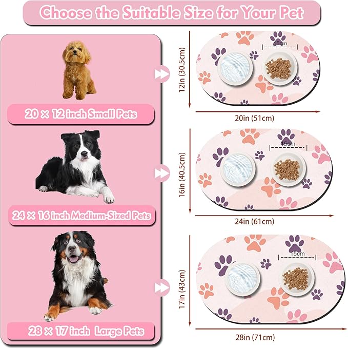 Cat Food Mat 24''x16'', Absorbent Cat Mats for Food and Water, Non-Slip Rubber Mat for Cats Bowls, Easy Store Pet Food Placemat, Mats for Under Cats Food Bowls, Fit with Kitchen, Living Room, Pink Paw
