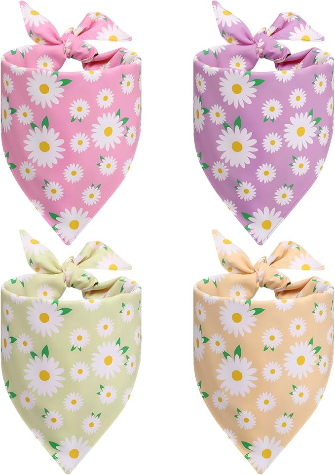4Pcs Floral Dog Bandanas Girl Large Daisy Triangle Scarf Reversible Spring Bibs Handkerchief Cute Flower Bandanas for Large Dogs Pets