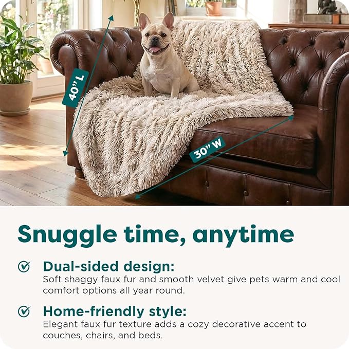 FurHaven Waterproof Throw Blanket for Dogs & Indoor Cats, Reversible Protective Pet Blanket, Medium, Long Faux Fur & Velvet, Driftwood