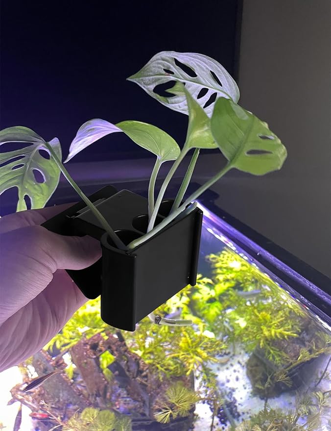 4 Pk Upgraded Aquarium Plant Holder, 3-Hole Hanging Aquarium Plant Holder with Clip, Suitable for Fish Tank Plant Potting, Aquarium Decoration, Plant Holder for Fish Tank, Black