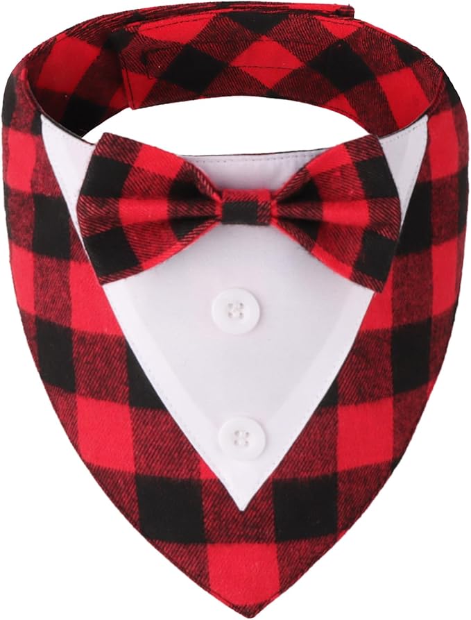 ADOGGYGO Christmas Dog Tuxedo Bandana, Red Plaid Xmas Pet Bowtie Collar, Adjustable Christmas Costumes for Small Dogs (S)
