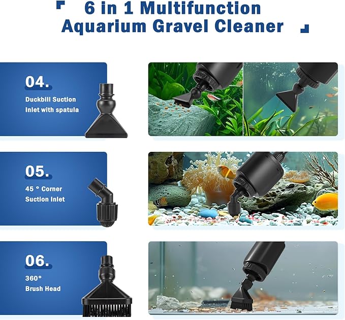 AQQA Aquarium Gravel Cleaner Kit, 6 in 1 Electric Fish Tank Vacuum Cleaning Tools Water Changer, Multifunction Wash Sand Filter Water Circulation 20W 320GPH 110V
