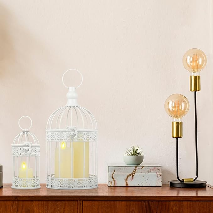 Sliner 4 Pcs Birdcage Candle Holder Valentine Decorative Bird Cages for Weddings Vintage Candlestick Holders Metal Lanterns Model Wedding Candle Centerpieces for Tables Valentine Home Decor(White)
