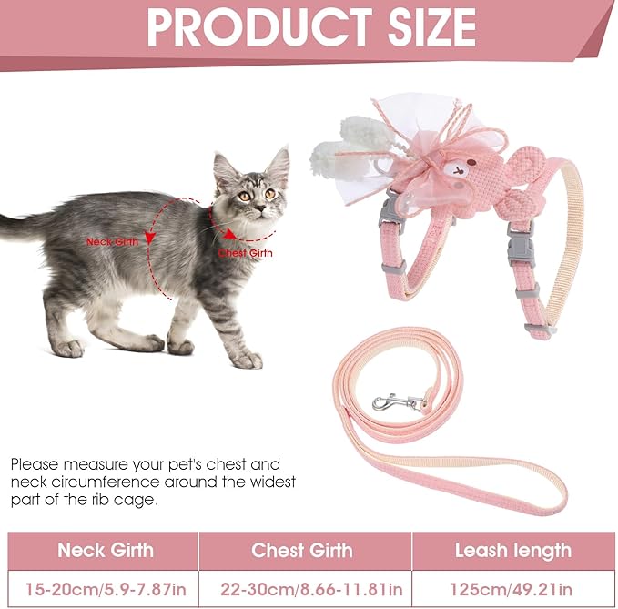 TIESOME Cat Harness and Leash Set, Adjustable Gradient Kitten Harness Escape Proof Harness with Leash for Kitty Outdoor Walking (Ribbon Bear Pink)