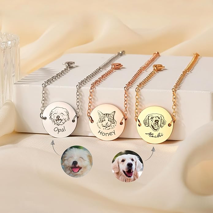 Anavia Personalized Pet Portrait Bracelet, Handmade Engraved Stainless Steel Round Disc Bracelet, Sketch Style Photo Pet Memorial Jewelry Gift for Animal Cat Dog Lovers