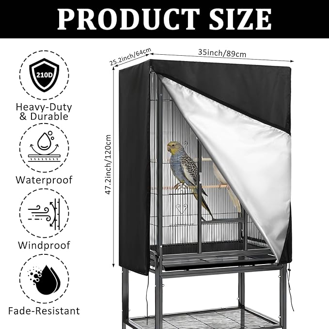 Bird Cage Cover 35"x25"x47" Heavy Duty Waterproof Bird cage Covers for Night, Zipper Panel Blackout Birdcage, Good Night Enclosure for Parakeet, Parrot, Cockatiel and More Finches
