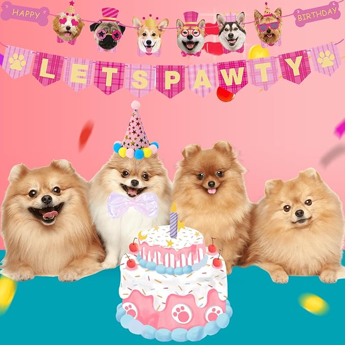 Happy Girl Dog Puppy Doggy Pet Birthday Burthday Party Supplies Hat Bandana Decorations Lets Pawty Banner Decor Dog Bowtie Gifts Outfit Stuff Accessories for Small Medium Large Dogs