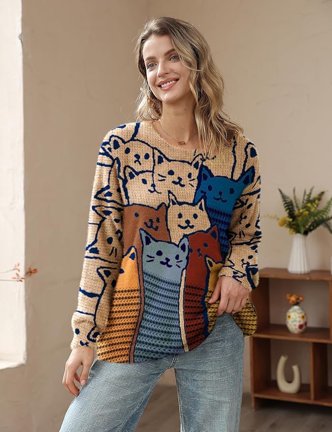 YESNO Women Christmas Sweater Graphic Printed Oversized Pullover Sweaters Casual Loose Knit Tops S01