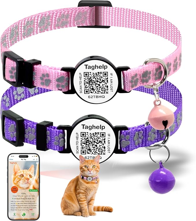 Smart QR Code Cat Collar 2-Pack: Your Cat's Digital Safety Profile, Breakaway Reflective Collar with Instant Email Alert When Scanned (Pink & Purple A)