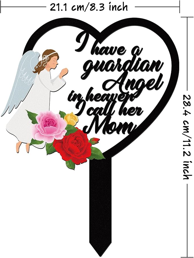 BUoonyer Stake Graves Cemetery Decorations - Mom Metal Memorial Grave Marker, Mother Heart Graveyard Sympathy Plaque, Angel Flower Remembrance Graveside Burial Decor Sign for Outside Yard Garden