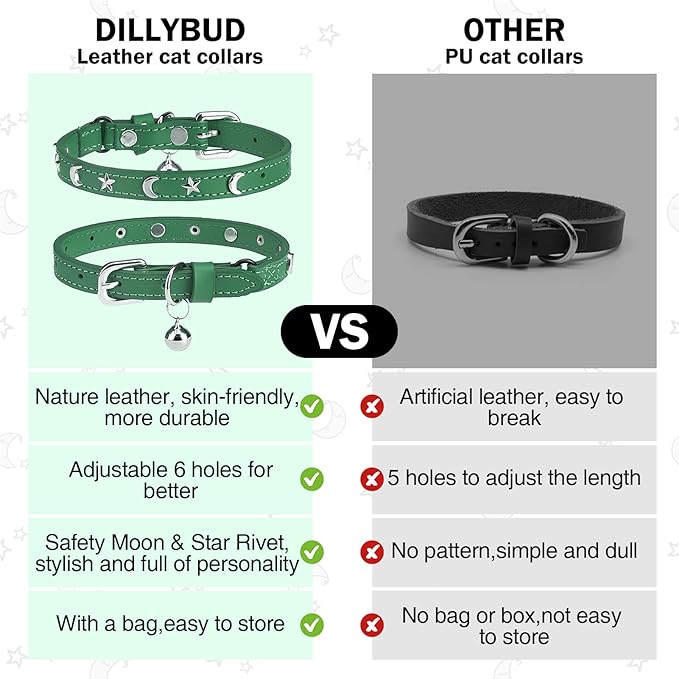 Leather Cat Collars for Boy Girl Cats with Bell and Safety Elastic Belt, Personalized Star and Moon Stud Adjustable Safe Buckle Collar for Kitty Small Big Cats Size 8-12 Inch, Green