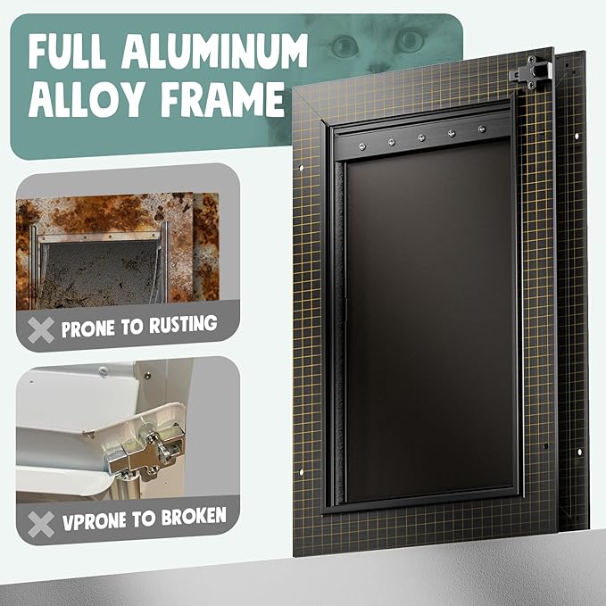 All Aluminum Cat Door Interior Door Black 3 Flaps, For Exterior door Small Cat Dog Doggy Doggie Door, Heavy Duty Pet Door, Insulation Flap, Telescoping Tunnel, Sliding Closing Panel (Pets Up to 22lbs)