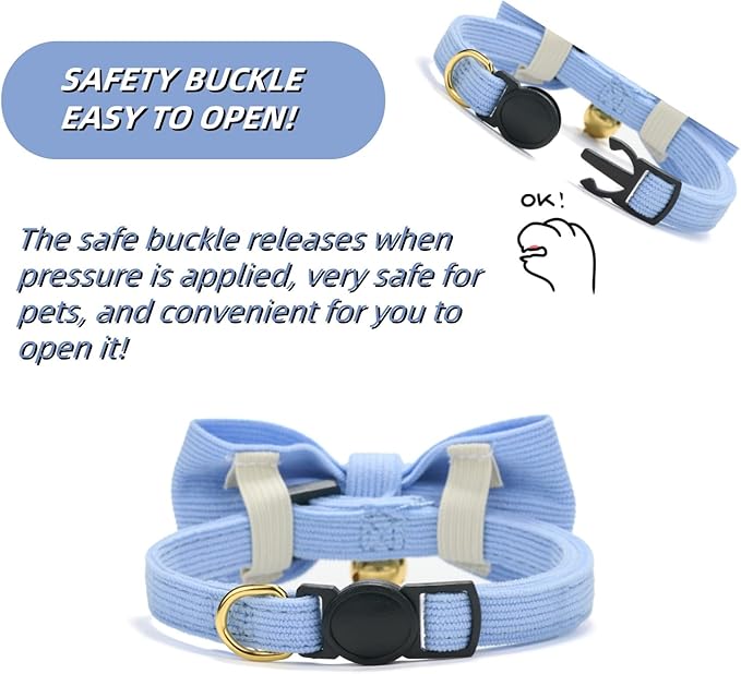 Soft Corduroy Cat Collar with Bell and Bowtie, Safety Breakaway Clasp, Adjustable for Kitten and Cats Blue Color.