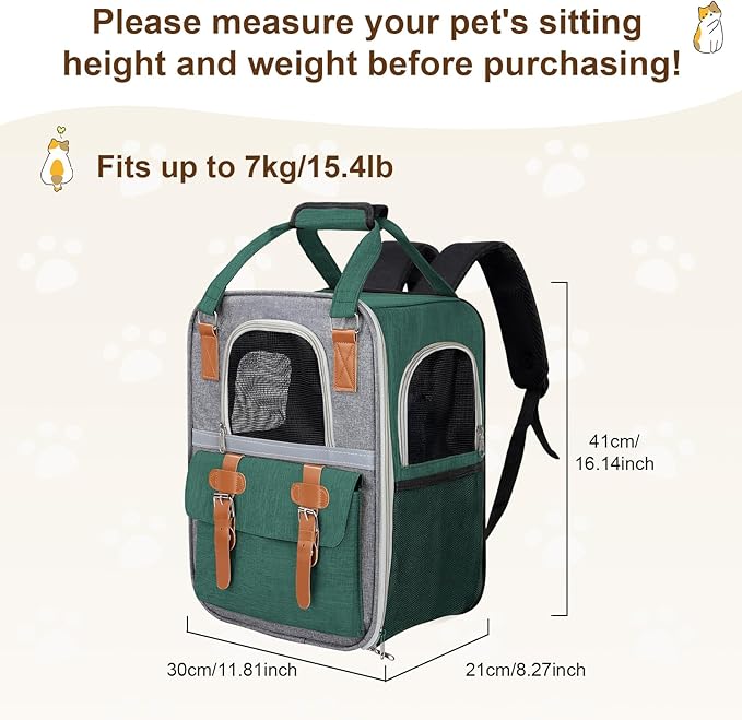Cat Carrier Backpack, Airline Approved Mesh Dog Backpack with Breathable, Hiking, Travel, Camping, Pet Carriers Backpack for Large Cats and Small Dogs - Holds Pets up to 15 Lbs (Dark Green)