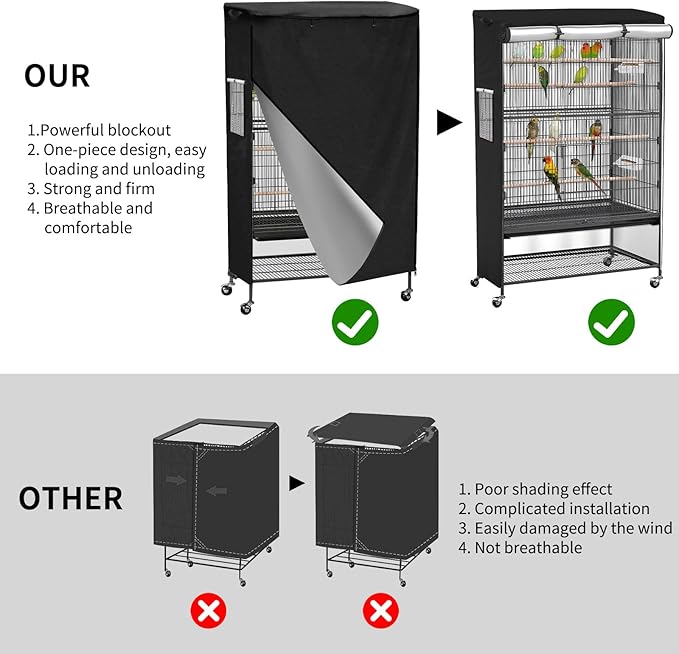 Roasivi Universal Large Birdcage Cover Black Out and Breathable Cages Cover for Parrots and Other Small Animals Durable Waterproofing Washable Material 31" L x 21" W x 53" H Black