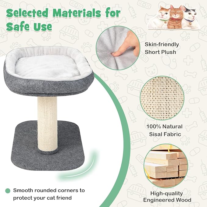 Tangkula Cat Tree for Indoor Cats, 2-Tier Cat Tower with Top Perch & Sisal Scratching Panel & Jingling Fur Ball Toy, Cozy Cat Bed with Scratching Post, Modern Small Kitten Activity Center (Grey)