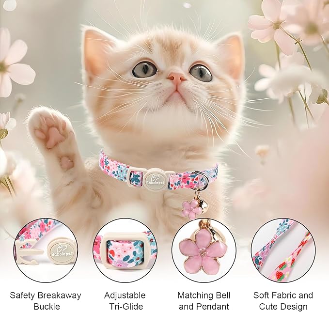 2 Pack Cotton Cat Collars - Cute Breakaway Cat Collar with Bell, Strawberry and Flower Pendant, Spring Summer Adjustable Kitten Collars for Girl Cats, Sweet Floral Fruit