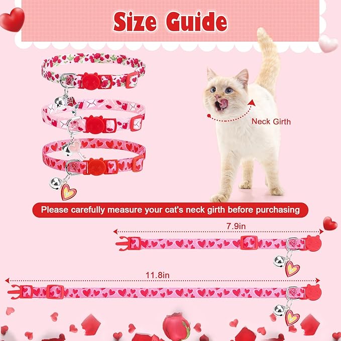 PUPTECK Breakaway Cat Collars with Bell - Pet Collar 3 Pack for Girl Boy Kittens Puppies and Small Pets, Pink Heart Rose