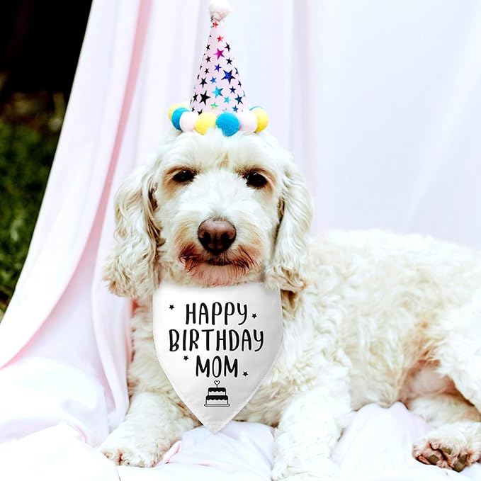 Happy Birthday Mom Dog Bandana Dog Funny White Happy Birthday Bandana for Dogs Photo Prop Pet Scarf Accessories for Pet Lovers Mom Gifts