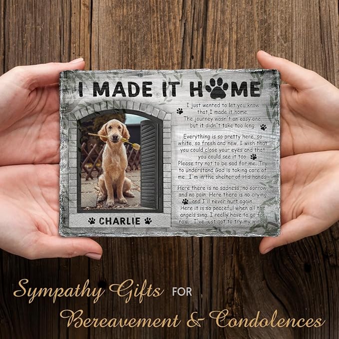 Personalized Polychromatic Rock Plaque: 'I Made It Home' - Memorial Stone Gifts for Loss of Your Beloved Pet, Sentimental Dog and Cat Grave Markers in Our Hearts, House Decoration