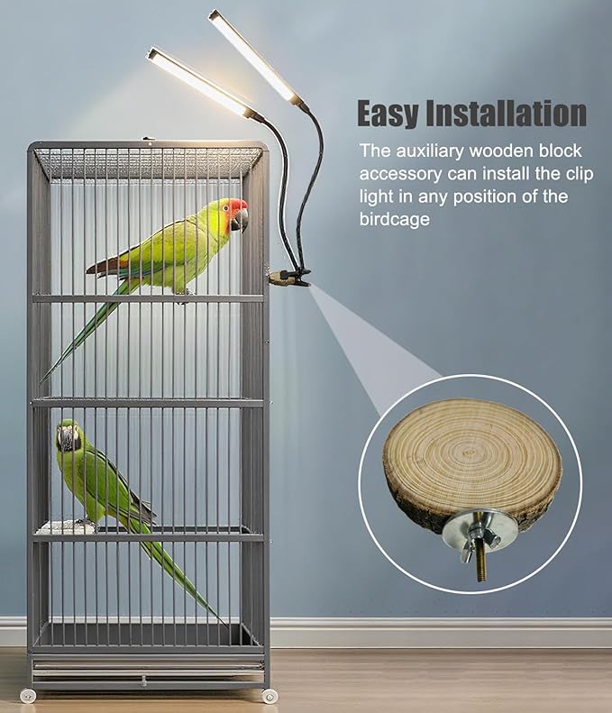 KINGYEENUO Double-Headed LED Bird Cage Light, Full Spectrum LED Pet Light, 10 Brightness Levels & 3/9/12H Timer, for Natural Environment Simulation, Safe for Hookbill Birds, Lighting Fixture Combo Kit