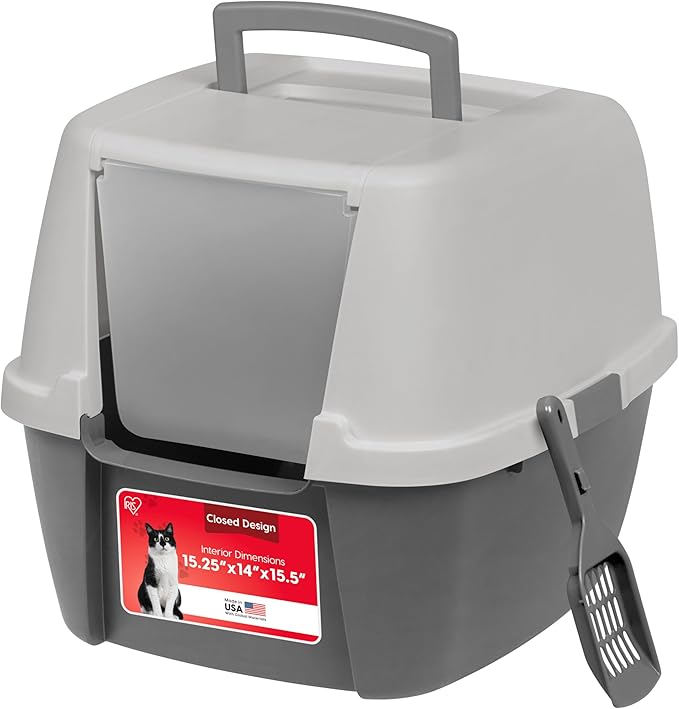 IRIS USA Cat Litter Box, Large Litter Box Enclosure with Front Door Flap and Scoop, Covered Kitty Litter Box with Handle and Buckles for Portability and Privacy, Gray
