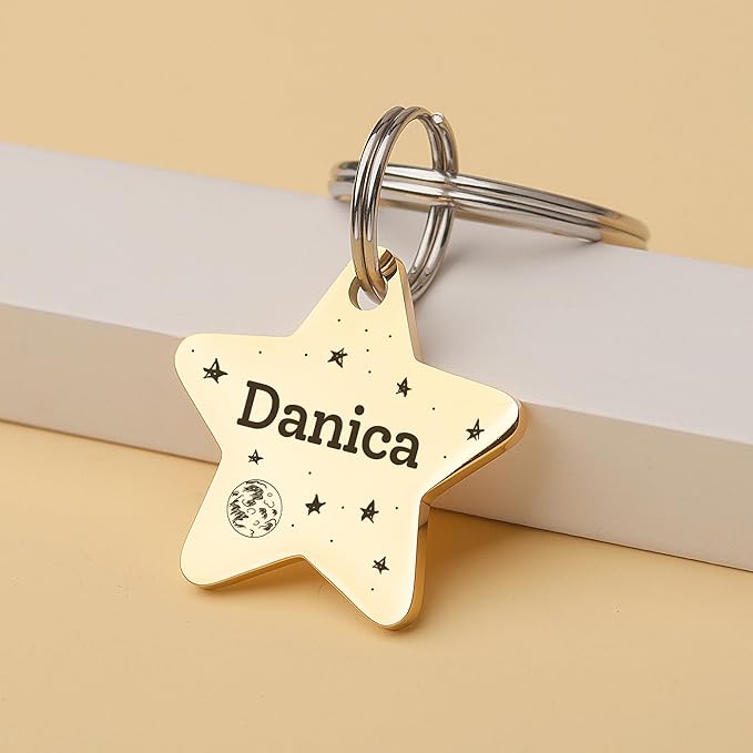 Anavia Small Size Dog Cat ID Tags, Small/XS Personalized Color Plated Stainless Steel Puppy Kitten Name Tags, Customized Engraved Nameplate Pet Collar Tag (Rose Gold, Star)