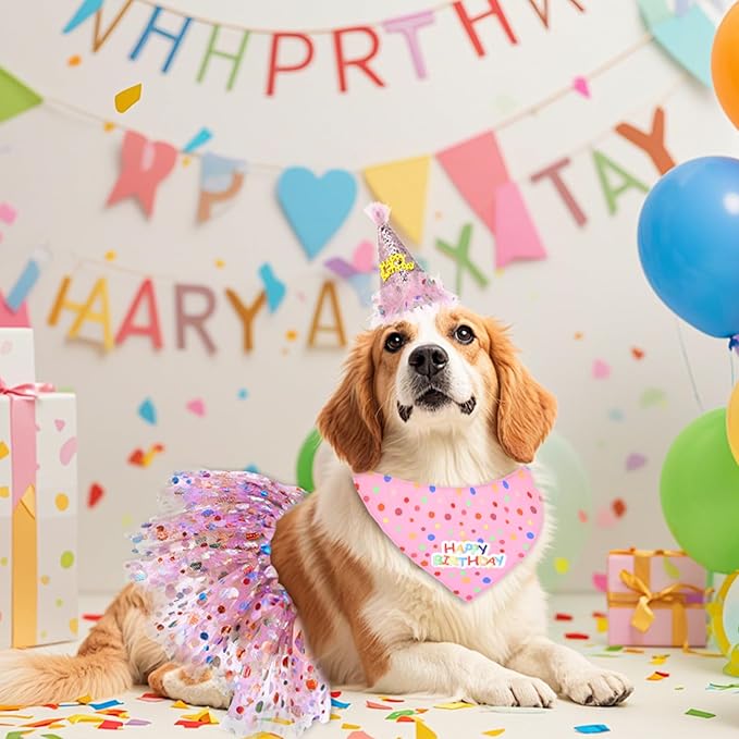 Dog Birthday Bandana with Hat and Dress Girl Set Puppy Birthday Party Supplies Cute Tutu Skirt Outfit for Small Medium Large Dogs Decorations