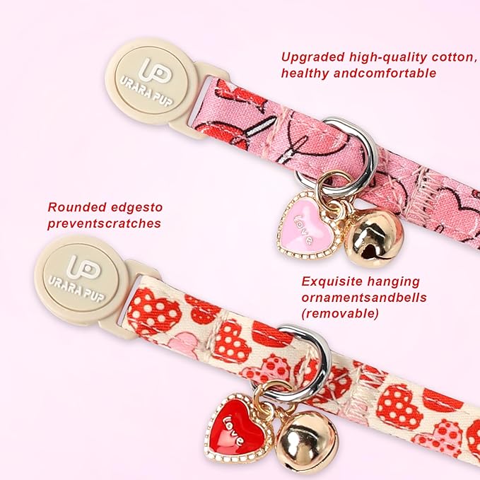 Cat Collar, 2Pack Valentine's Day Cat Collars-Cute Breakaway Cat Collar with Bell & Pendant, Sweet Heart Kitten Collars Pink Hearts with Safety Buckle for Girl and Boy Cats, 7-12Inch