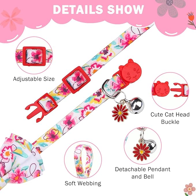 SCENEREAL Spring Cat Collar Breakaway with Bells, 2 Pack Cute Flower Pet Collar with Removable Bow Tie and Bandana, Adjustable Safety Buckle with Daisy Pendants for Girl Cats Kitten