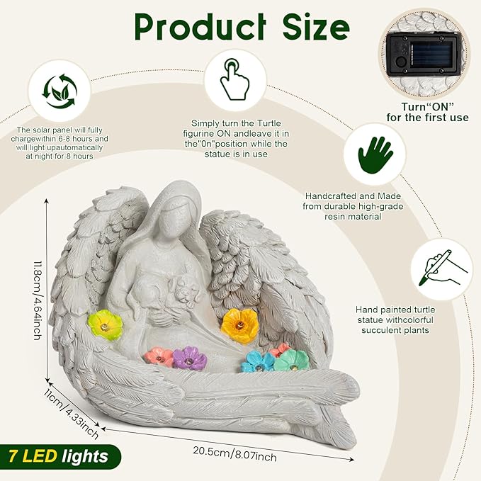Solar Garden Decor - Memorial for Loss of Dog with Angel Statue, Solar Powered Outdoor Pet Memorial Stone & Dog Remembrance Gift for Backyard, Cemetery Handmade Eco-Resin, 7 LED Lights