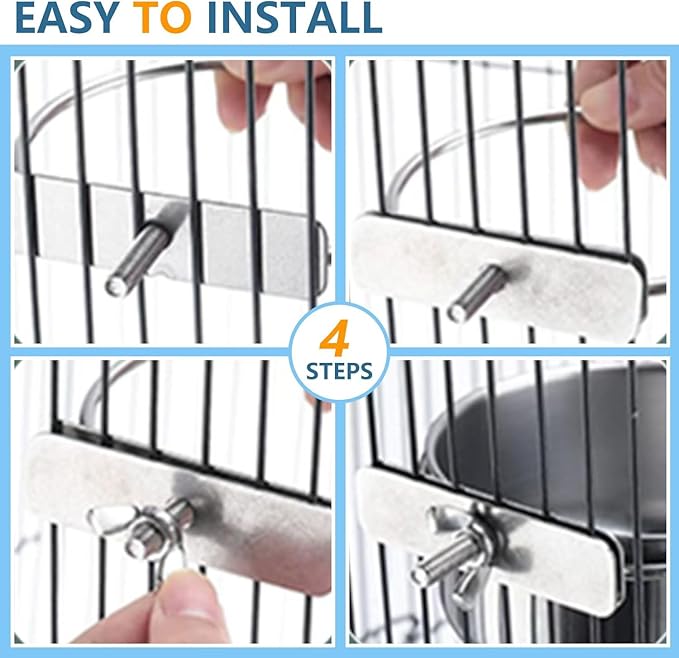 2Pcs Stainless Steel Bird Feeding Bowls, Small Bird Feeding Cup, Stainless Steel Parrot Food Bowl Cage with Holder, Parrot Cage Water Feeder, Pet Cage Cup Holder (Dia 4.72", 5.51",)