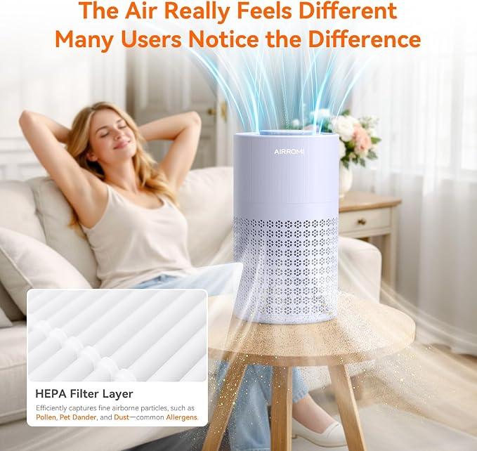 AIRROMI Air Purifier for Bedroom with A2001 Lavender Purple