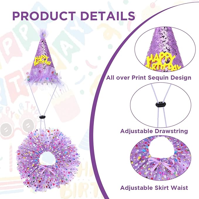 Dog Birthday Bandana with Hat and Dress Girl Set Puppy Birthday Party Supplies Cute Tutu Skirt Outfit for Small Medium Large Dogs Decorations(Purple)