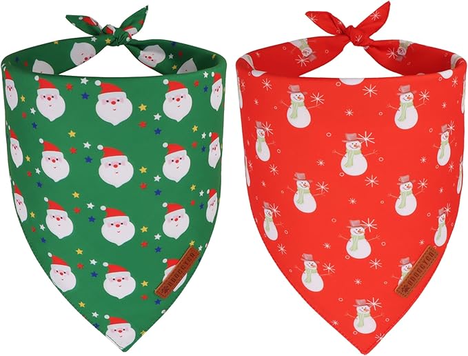 ADOGGYGO Christmas Dog Bandanas 2 Pack, Reversible Santa Snowman Xmas Pet Scarf Bib, Adjustable Fit Red Green Christmas Bandana for Medium Large Dogs (Large)